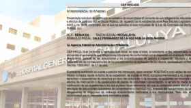 Imagen del centro hospitalario de fondo. Sobre la imagen, el certificado de IDC de estar al corriente de sus obligaciones tributarias.