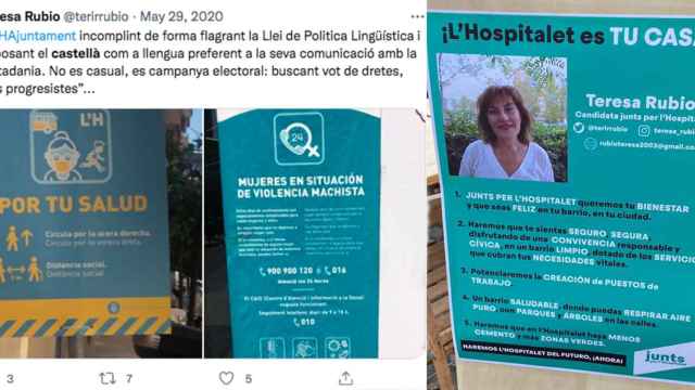 La candidata de JxCat a la alcaldía de Hospitalet, Teresa Rubio, criticando el uso del castellano en carteles del ayuntamiento, y usando este idioma cuando hace campaña