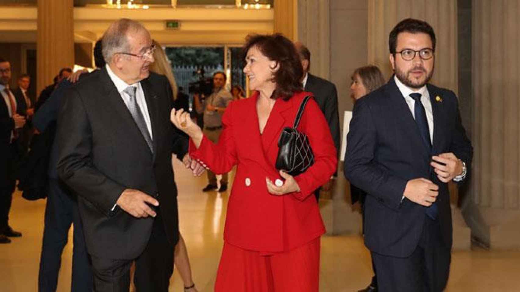El presidente de Pimec, Josep González; la vicepresidenta del Gobierno, Carmen Calvo, y el vicepresidente de la Generalitat, Pere Aragonès / PIMEC