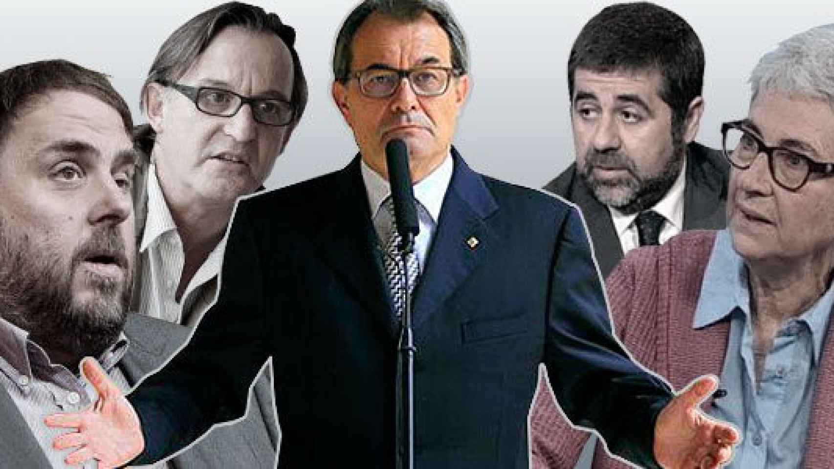 Los lideres de ERC, Oriol Junqueras, de la AMI, Josep Maria Vila d'Abadal; de CDC, Artur Mas; de la ANC, Jordi Sánchez, y de Òmnium Cultural, Muriel Casals.