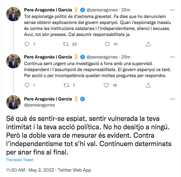 Mensajes de Pere Aragonès en las redes sociales / TWITTER
