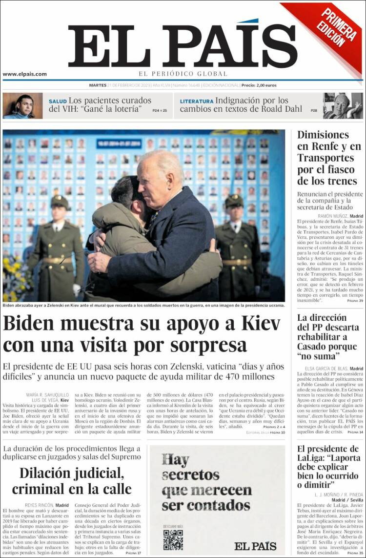 Portada de 'El País' de 21 de febrero de 2023 / KIOSKO.NET