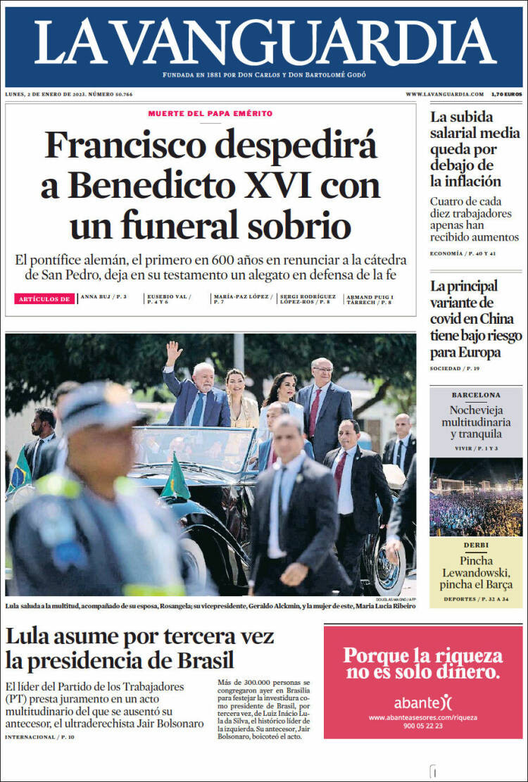 La portada de 'La Vanguardia' del 2 de enero de 2023 / LA VANGUARDIA