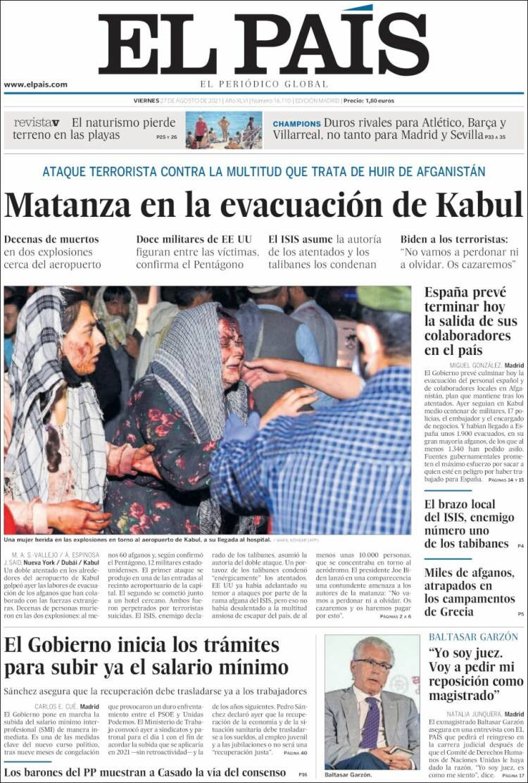 Portada de 'El País' del 27 de agosto de 2021 / KIOSKO.NET