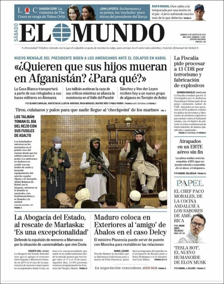 La portada de 'El Mundo' del sábado 21 de agosto de 2021 / EL MUNDO