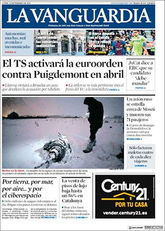 Portada de 'La Vanguardia' del 12 de febrero de 2018