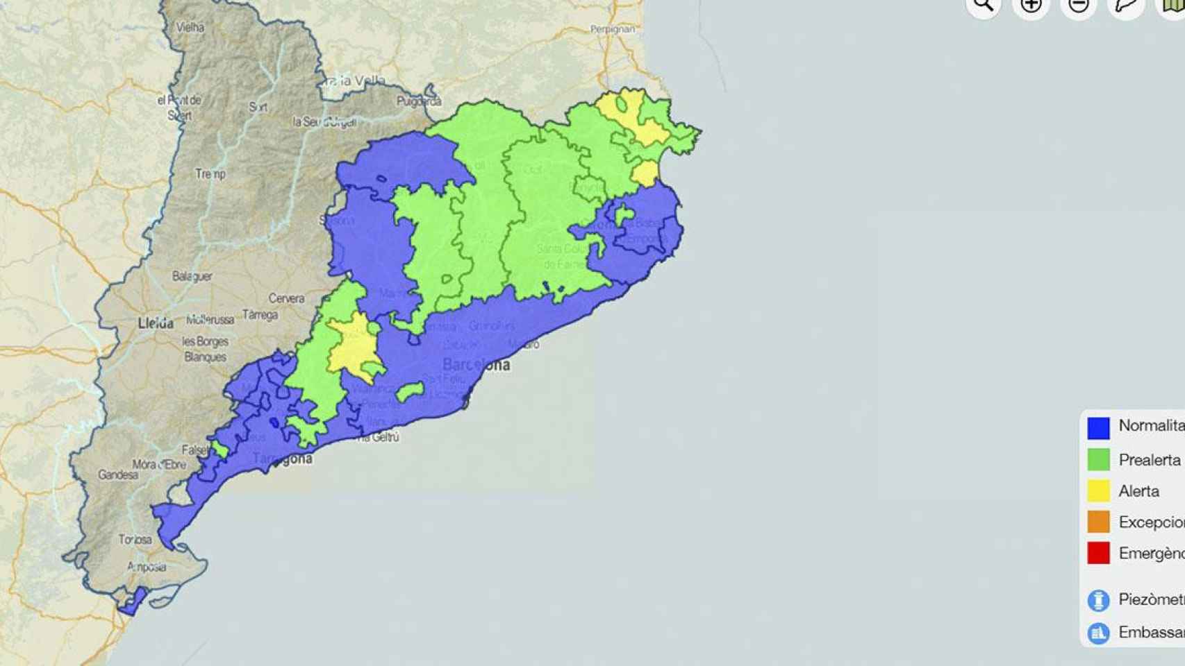 Mapa en el que, en verde, se marcan las zonas de Girona afectadas por la sequía / ACA