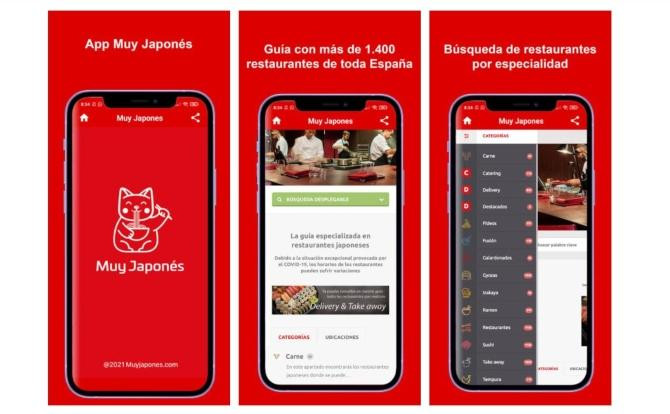 Parte de las pantallas de la aplicación 'Muy Japonés' para encontrar restaurantes de comida nipona / MUY JAPONÉS OFICIAL
