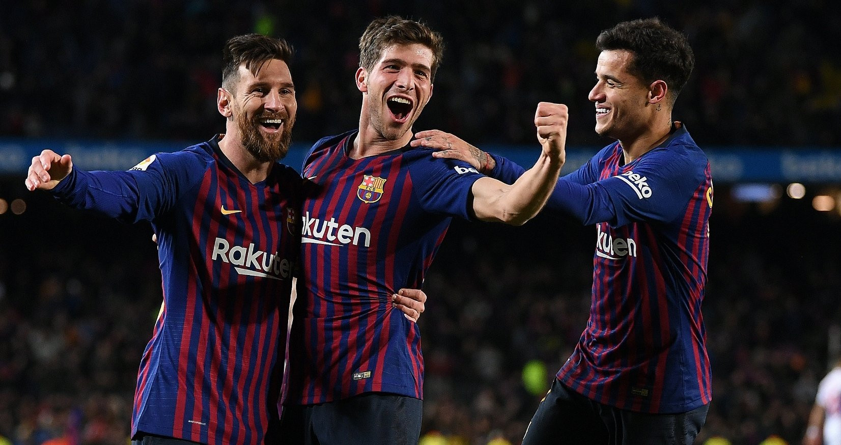 Leo Messi, Coutinho y Sergi Roberto celebrando un gol con el Barça / EFE
