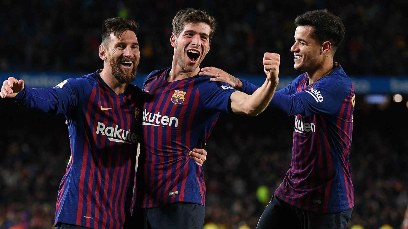 Leo Messi, Coutinho y Sergi Roberto celebrando un gol con el Barça / EFE