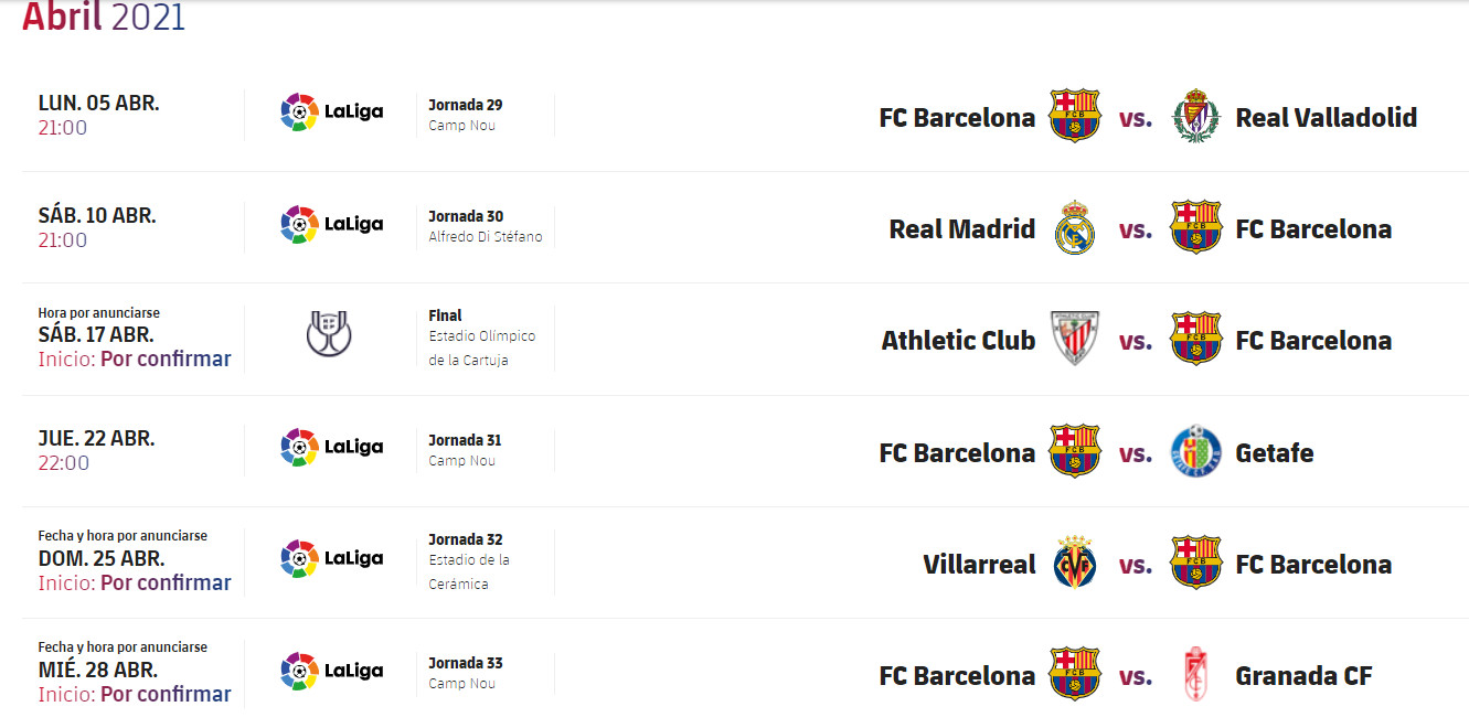 Calendario del Barça el mes de abril / FC Barcelona