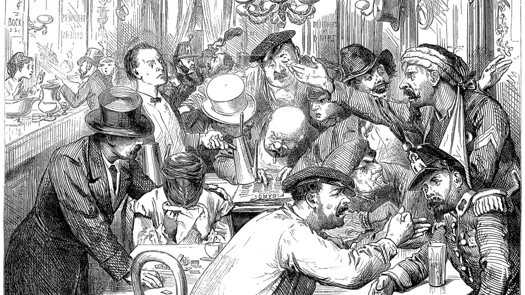 Caricatura de una discusión de café sobre la guerra franco prusiana (1870). Frederick Barnard. Imagen del artículo 'Los clásicos del periodismo alemán'