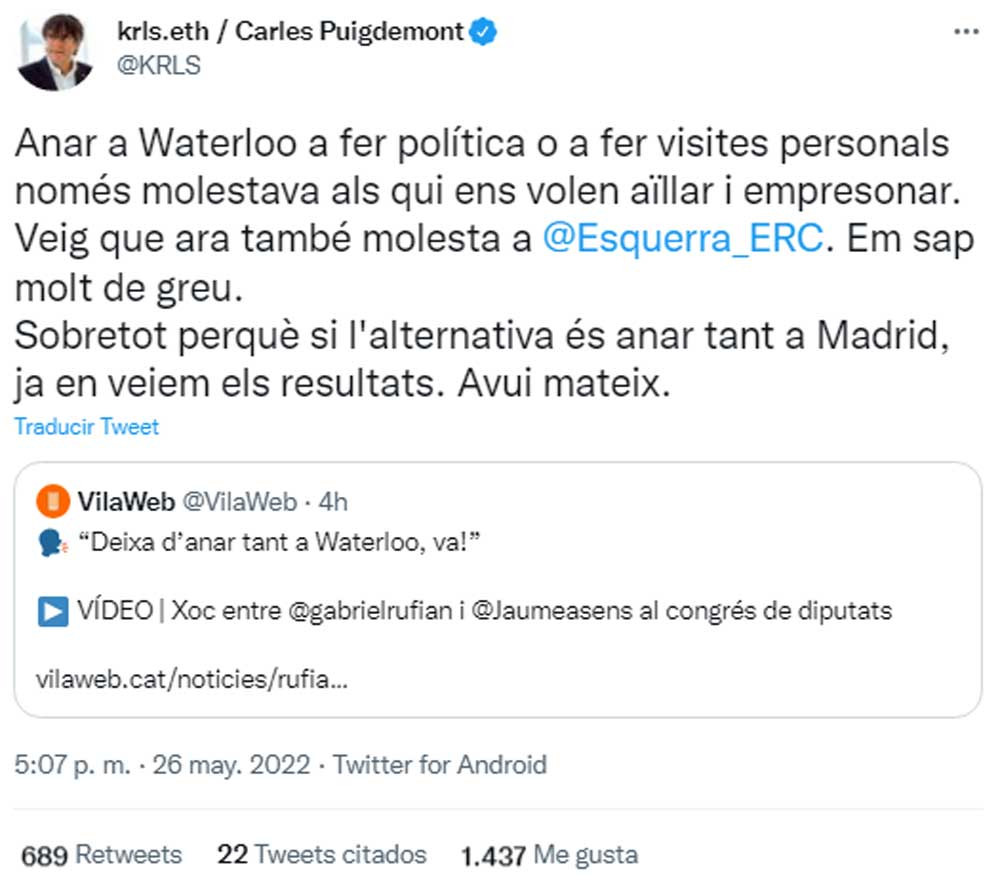 Puigdemont, criticando a Gabriel Rufián en Twitter