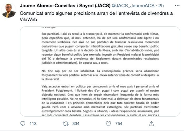Tuit de Jaume Alonso-Cuevillas en el que pone su cargo a disposición