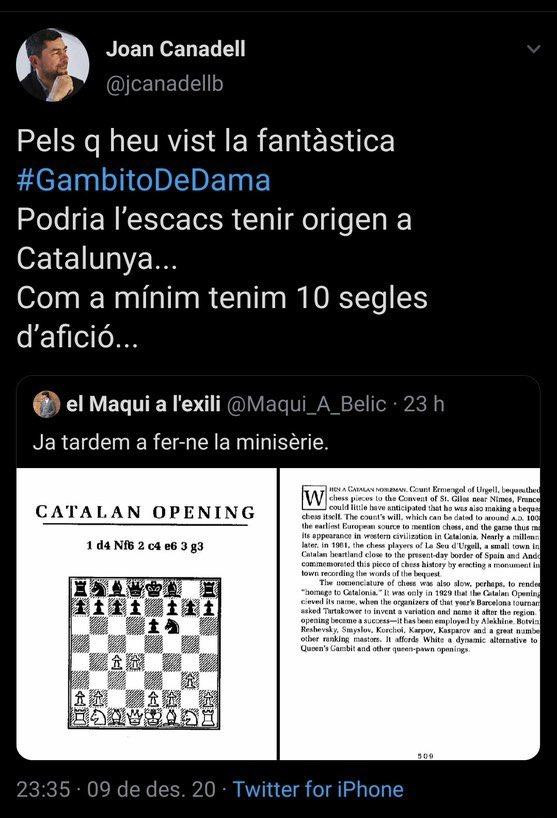 Mensaje de Joan Canadell defendiendo la 'catalanidad' del ajedrez, que posteriormente ha eliminado / @jcanadellb (TWITTER)