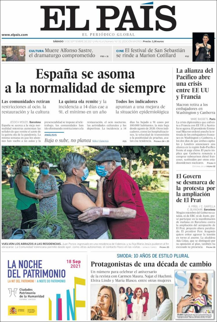Portada de El País, 18 de septiembre de 2021