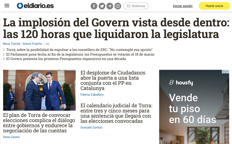 Portada de 'El Diario.es' con informaciones sobre el adelanto electoral en Cataluña
