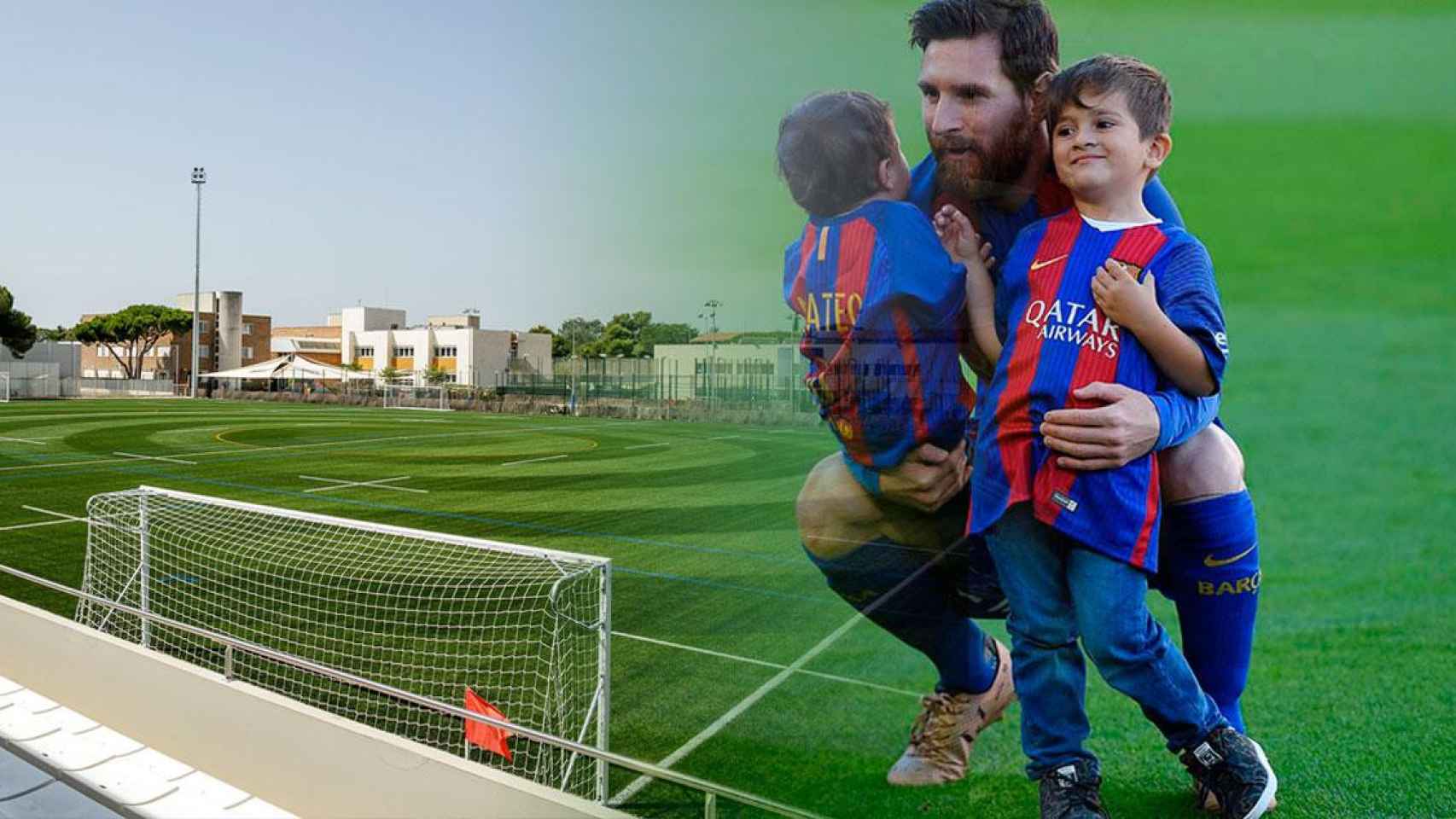 Imagen de Leo Messi con sus hijos y el campo de fútbol de la British School of Barcelona (BSB), del grupo Cognita / CG