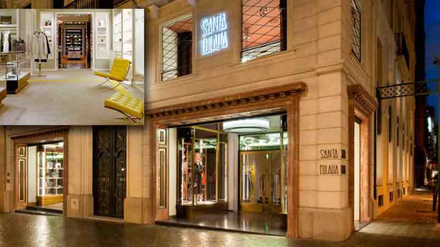 Santa Eulalia, la tienda de moda más selecta de Barcelona en una imagen de su fachada y un detalle de su interior