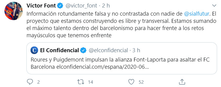 Tuit de Vïctor Font sobre la noticia de una posible unión con Joan Laporta / Redes