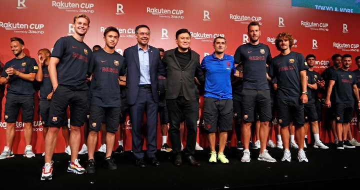 De Jong, Abe, Neto y Griezmann en la presentación de la Rakuten Cup / FC Barcelona