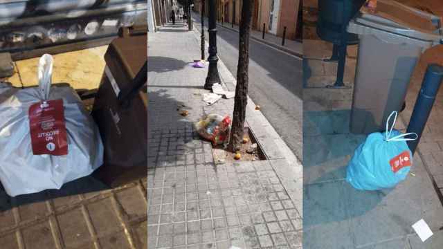 Tres imágenes de consecuencias de la nueva recogida de basuras en Sant Andreu, en Barcelona / CG
