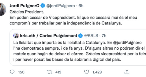 Mensaje del exvicepresidente de la Generalitat, Jordi Puigneró / TWITTER