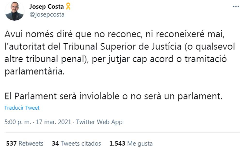 Josep Costa (JxCat), rechazando a los tribunales en su perfil de Twitter
