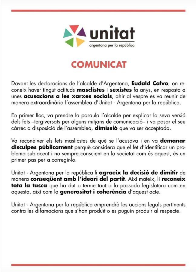 Comunicado de la dimisión de Eudald Calvo / ARGENTONA PER LA REPÚBLICA