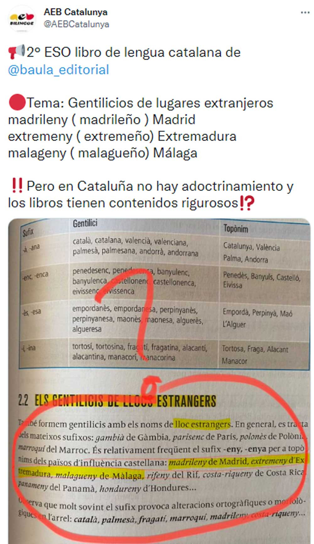 Tuit de la AEB denunciando un caso de adoctrinamiento en un libro de texto de Cataluña