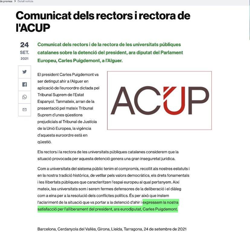 Comunicado de la ACUP apoyando al fugado Puigdemont