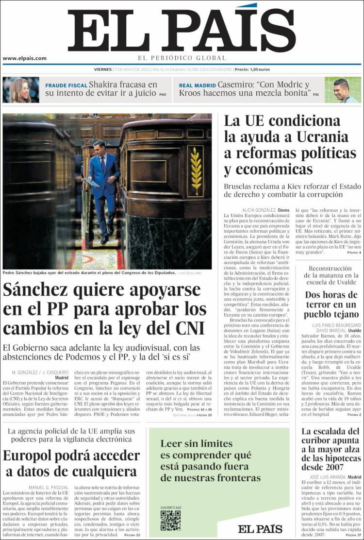 La portada de 'El País' del 27 de mayo de 2022 / EL PAÍS