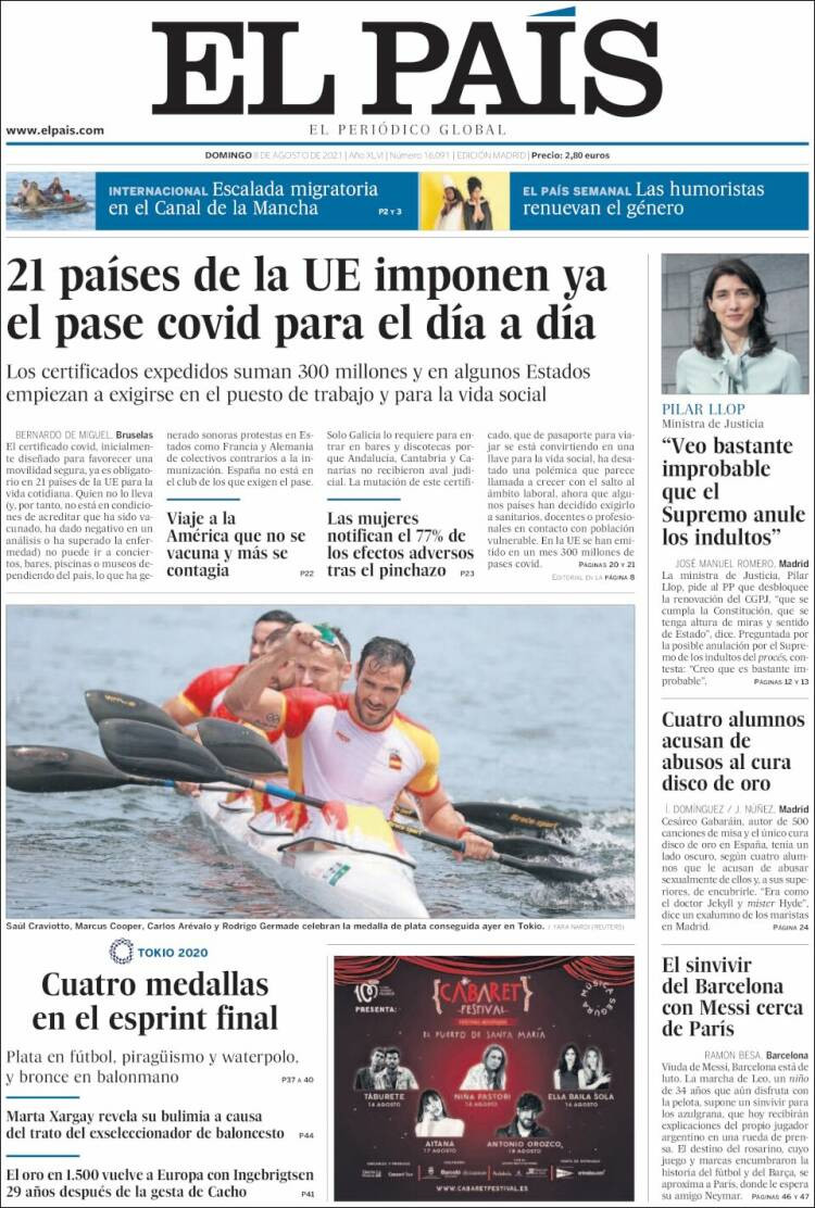 Portada de El País, 8 de agosto de 2021