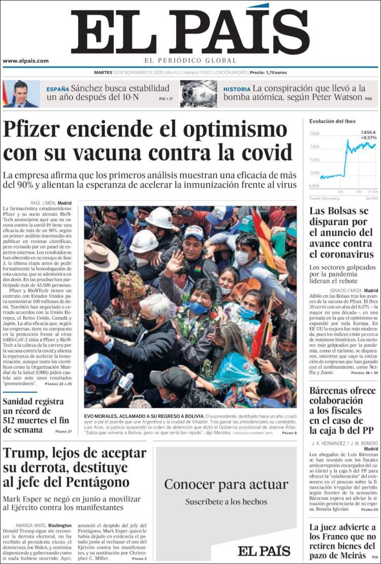 Portada de 'El País' del martes 10 de noviembre