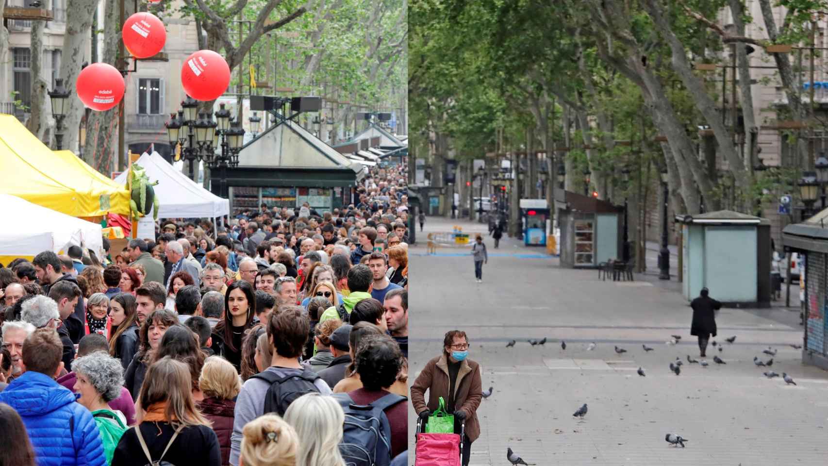 Fotomontaje de Las Ramblas de Barcelona, con el Sant Jordi de 2019 y el de este 2020 / EFE