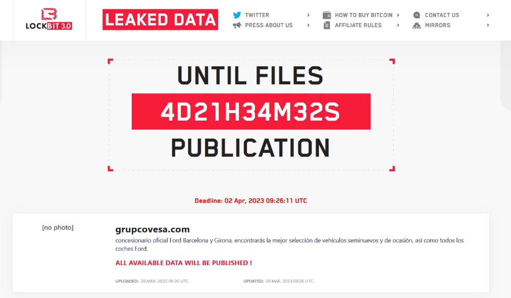 LockBit amenaza al Grupo Covesa con publicar sus datos si no cumple con sus exigencias antes del 2 de abril / CG