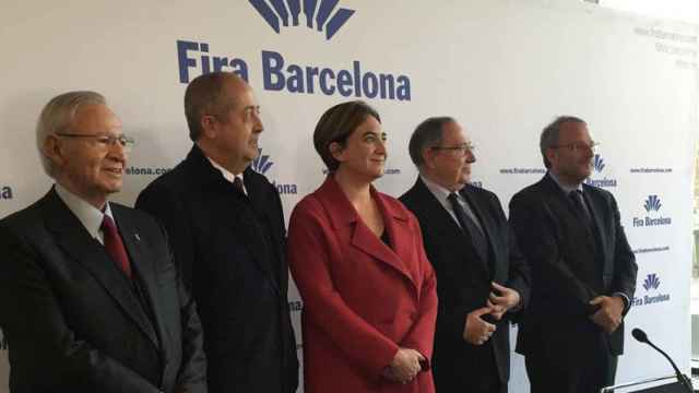 La cúpula de Fira Barcelona, de izquierda a dercha: Miquel Valls (Cambra de Comerç), Felip Puig (Generalitat), Ada Colau (alcaldesa), Josep Lluís Bonet (Fira) y Constantí Serrallonga (Fira)