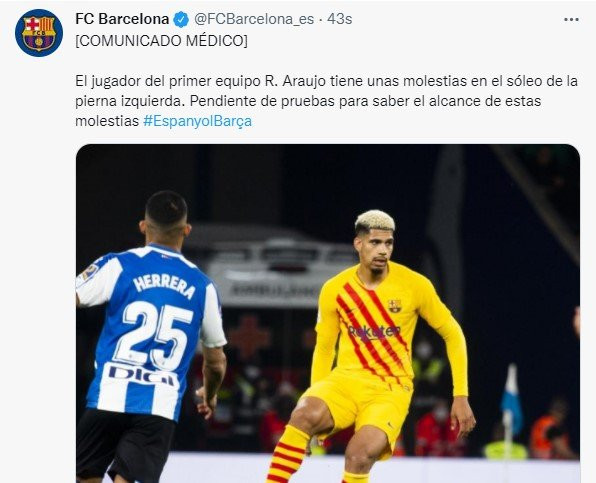 Comunicado médico sobre la lesión de Araujo en el gemelo izquierdo contra el Espanyol / REDES