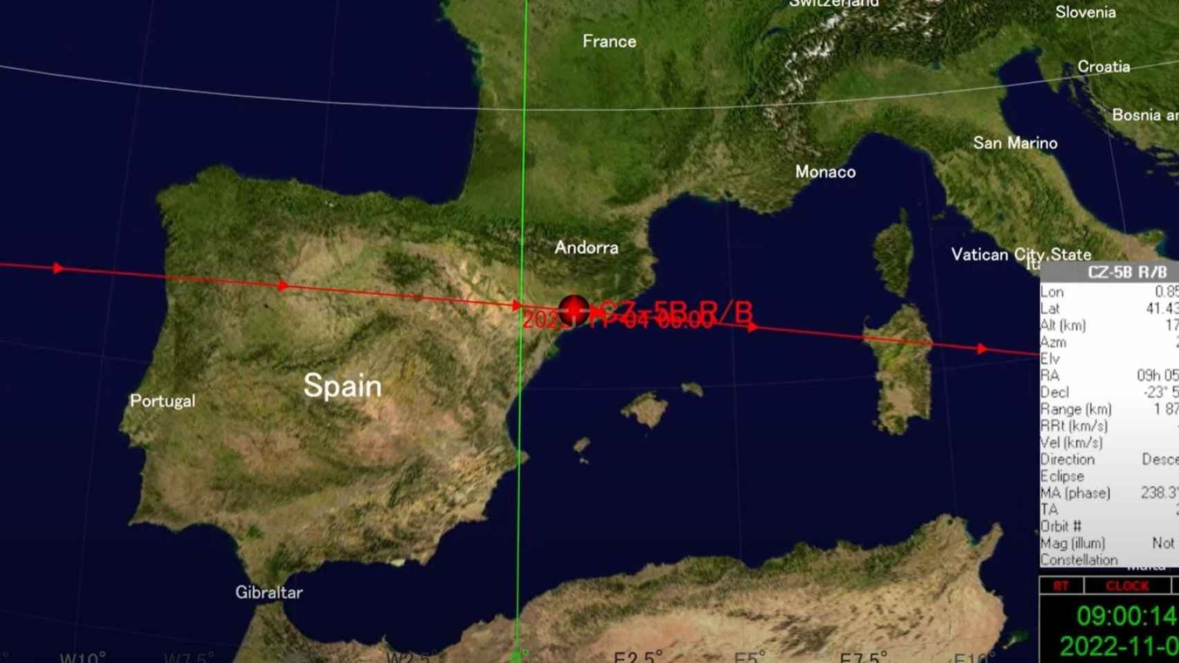 Trayectoria sobre España de los restos del cohete chino / SATELLITE TRACKER 3D