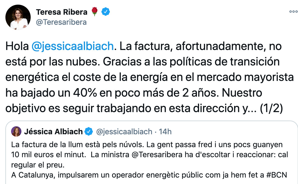 Rifirrafe entre Teresa Rivera y Jessica Albiach por el precio de la luz / TWITTER