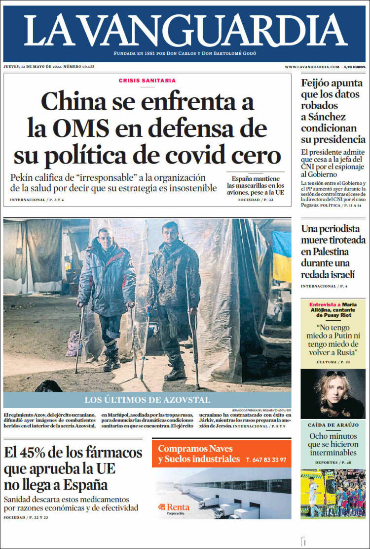 La portada de 'La Vanguardia' del 12 de mayo de 2022 / LA VANGUARDIA