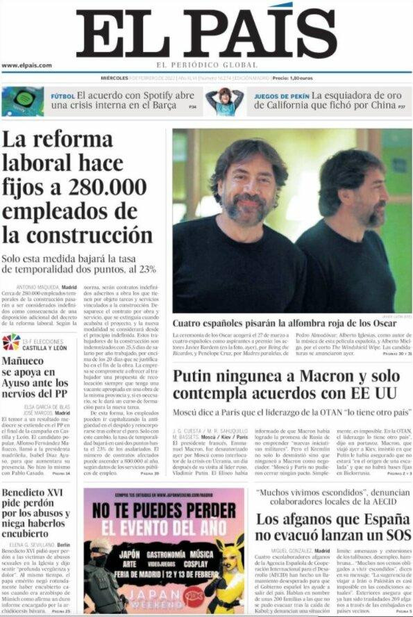 Portada de 'El País' del 9 de febrero de 2022 / CG