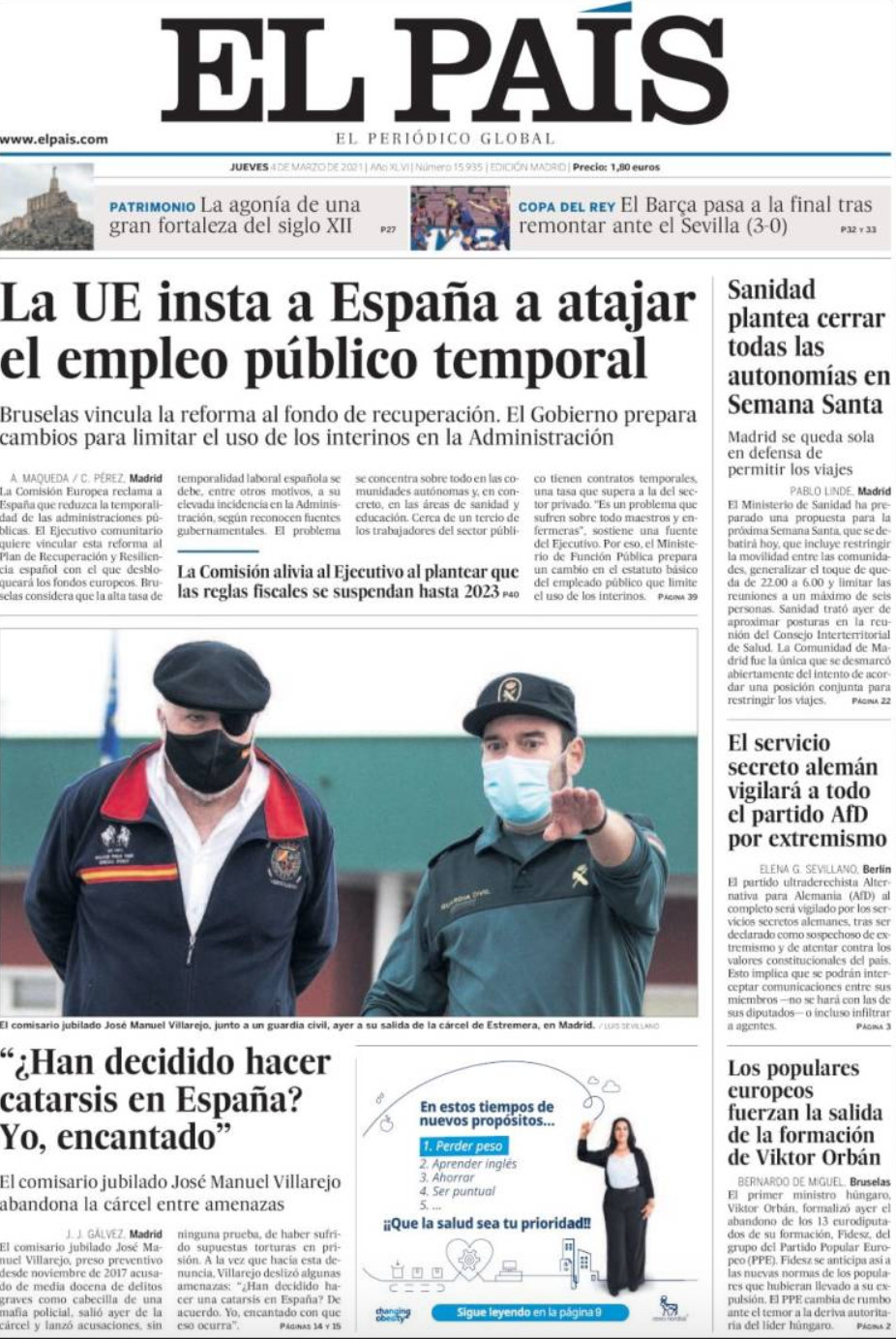 Portada de 'El País' del 4 de marzo de 2021 / KIOSKO.NET