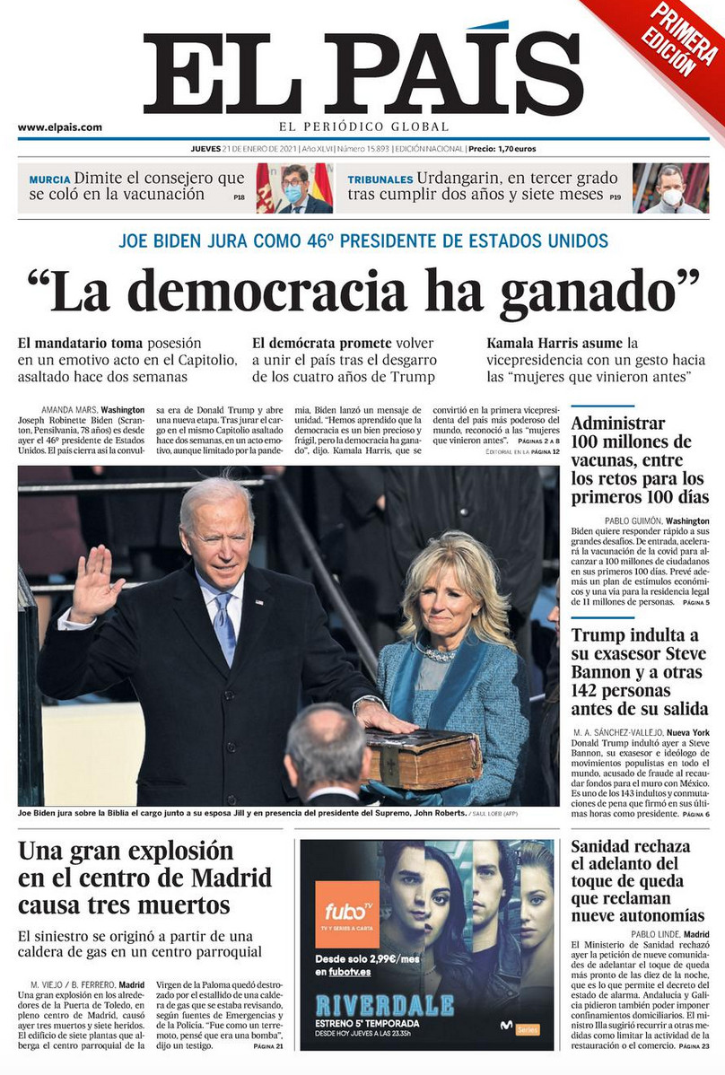 Portada de 'El País' del 21 de enero de 2021 / EL PAÍS
