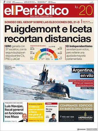 Portada de 'El Periódico de Catalunya' del 20 de noviembre de 2017