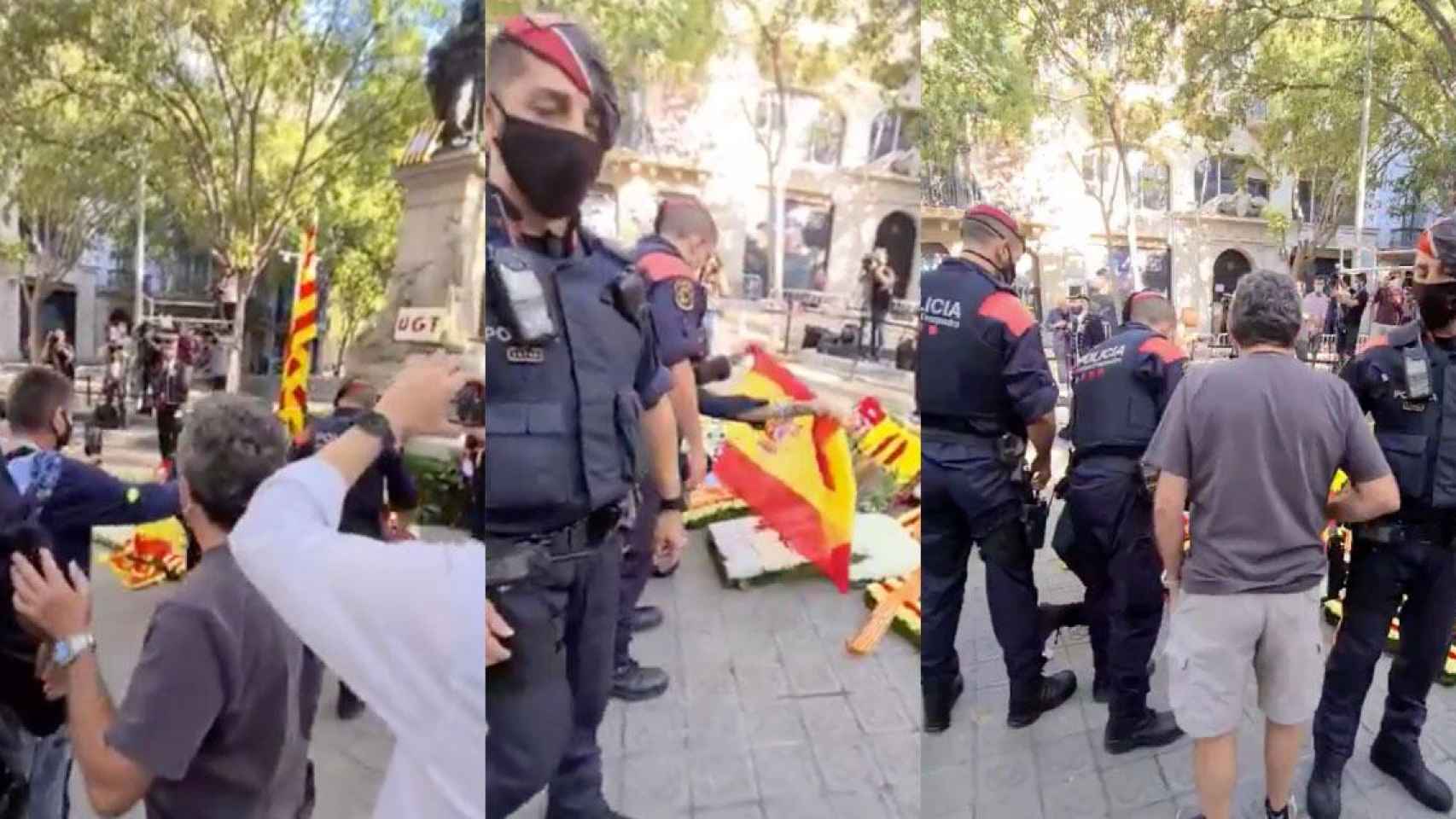 Mossos se llevan a un periodista tras desplegar una bandera española en la ofrenda a Rafael Casanova / CG
