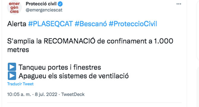 El tuit de alerta de Protección Civil / CG