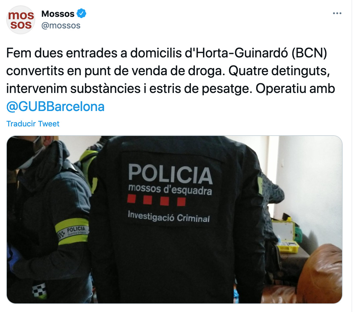 Mossos d'Esquadra informan de la detención de cuatro personas en Horta / TWITTER