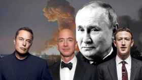 Fotomontaje con Musk, Bezos y Zuckerberg con la guerra de Ucarina y Putin de fondo / CG