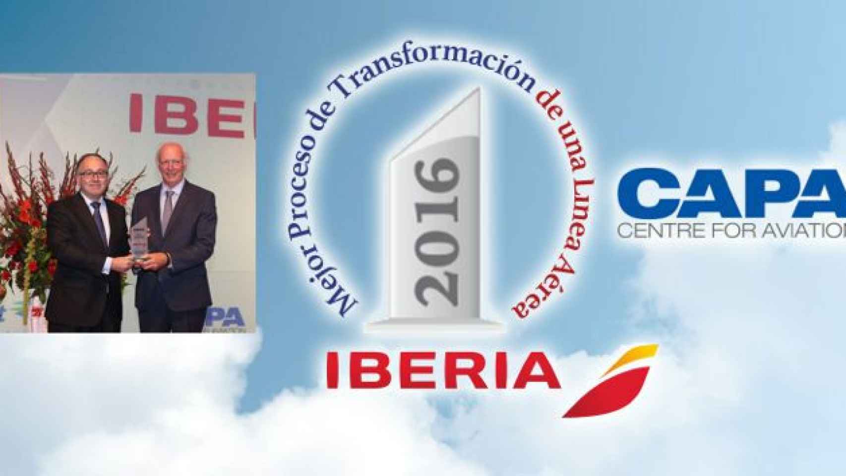 El presidente de Iberia, Luis Gallego, recoje el premio a la Mejor Transformación de una Línea Aérea en 2016 en la gala anual de CAPA